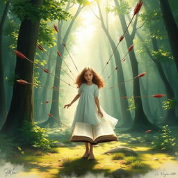 A beautiful girl standing gracefully in the middle of a mystical forest, with an open book floating beside her