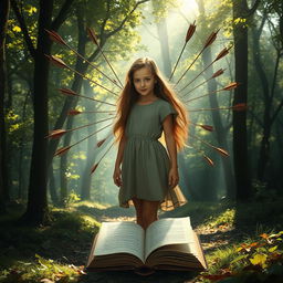 A beautiful girl standing gracefully in the middle of a mystical forest, with an open book floating beside her