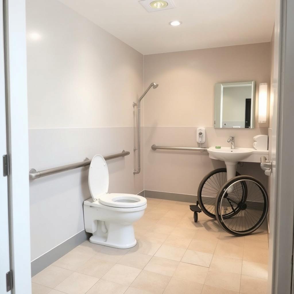 A spacious and accessible bathroom designed specifically for individuals with disabilities, featuring grab bars for support, an elevated toilet seat, and a wide turning radius for wheelchair access