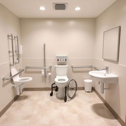 A spacious and accessible bathroom designed specifically for individuals with disabilities, featuring grab bars for support, an elevated toilet seat, and a wide turning radius for wheelchair access