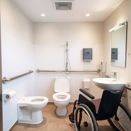 A spacious and accessible bathroom designed specifically for individuals with disabilities, featuring grab bars for support, an elevated toilet seat, and a wide turning radius for wheelchair access