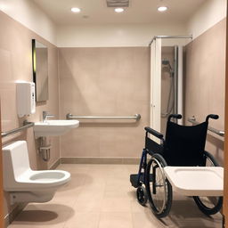 A spacious and accessible bathroom designed specifically for individuals with disabilities, featuring grab bars for support, an elevated toilet seat, and a wide turning radius for wheelchair access