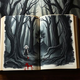 An open book displaying a fantastical illustration of a girl in the center of a dark, mysterious forest