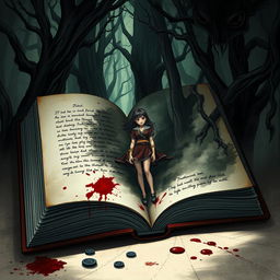 An open book displaying a fantastical illustration of a girl in the center of a dark, mysterious forest