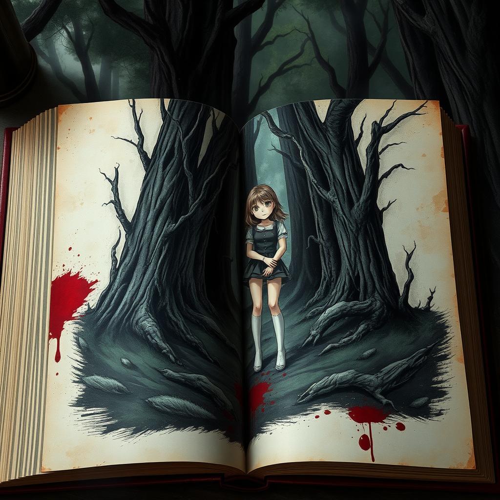 An open book displaying a fantastical illustration of a girl in the center of a dark, mysterious forest