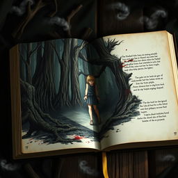 An open book displaying a fantastical illustration of a girl in the center of a dark, mysterious forest