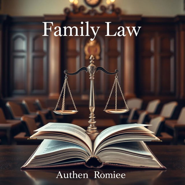 A visually striking book cover for "Family Law" featuring a balanced scale symbolizing justice placed on a large, open book with pages slightly fluttering