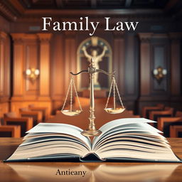 A visually striking book cover for "Family Law" featuring a balanced scale symbolizing justice placed on a large, open book with pages slightly fluttering