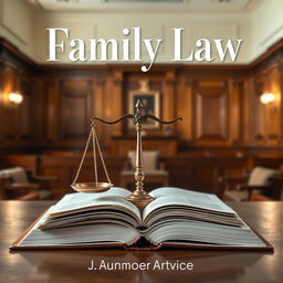 A visually striking book cover for "Family Law" featuring a balanced scale symbolizing justice placed on a large, open book with pages slightly fluttering