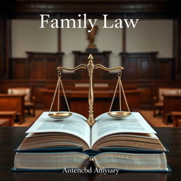 A visually striking book cover for "Family Law" featuring a balanced scale symbolizing justice placed on a large, open book with pages slightly fluttering