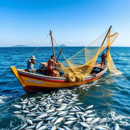 A vibrant scene featuring a traditional fishing boat in the open sea, painted with bright colors, as fishermen cast their nets into the water under a clear blue sky