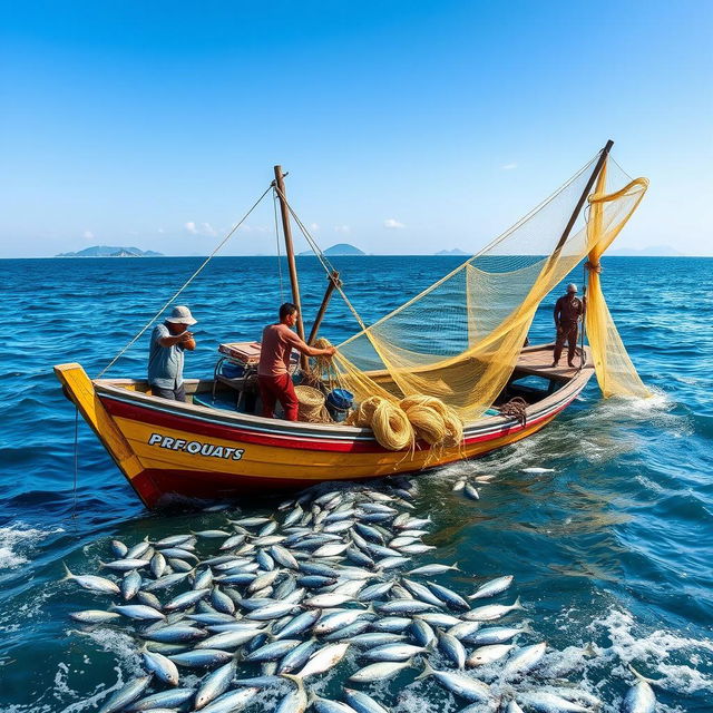 A vibrant scene featuring a traditional fishing boat in the open sea, painted with bright colors, as fishermen cast their nets into the water under a clear blue sky