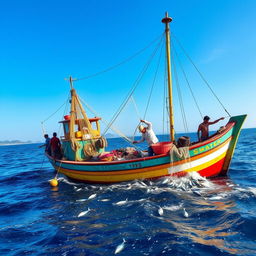 A vibrant scene featuring a traditional fishing boat in the open sea, painted with bright colors, as fishermen cast their nets into the water under a clear blue sky