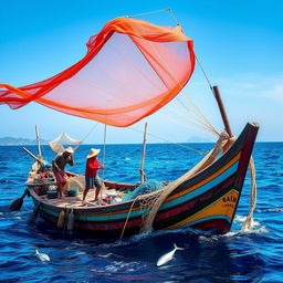 A vibrant scene featuring a traditional fishing boat in the open sea, painted with bright colors, as fishermen cast their nets into the water under a clear blue sky