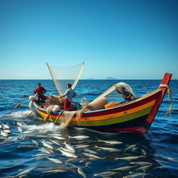 A vibrant scene featuring a traditional fishing boat in the open sea, painted with bright colors, as fishermen cast their nets into the water under a clear blue sky