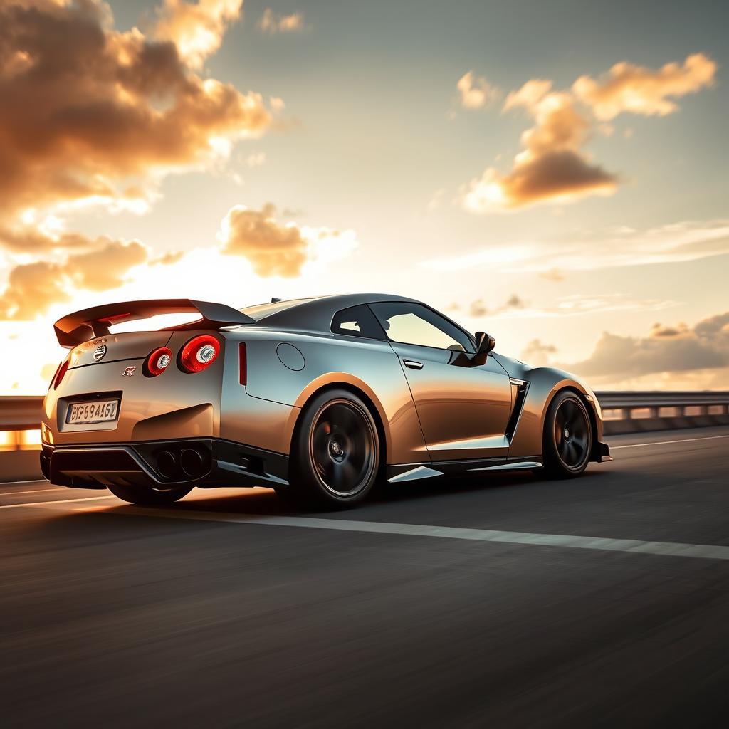 A Nissan GT-R sports car speeding down a highway with dramatic clouds in the background, capturing the sleek aerodynamic design and aggressive stance of the car