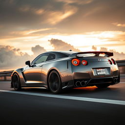 A Nissan GT-R sports car speeding down a highway with dramatic clouds in the background, capturing the sleek aerodynamic design and aggressive stance of the car