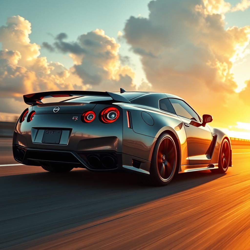 A Nissan GT-R sports car speeding down a highway with dramatic clouds in the background, capturing the sleek aerodynamic design and aggressive stance of the car