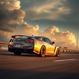 A Nissan GT-R sports car speeding down a highway with dramatic clouds in the background, capturing the sleek aerodynamic design and aggressive stance of the car