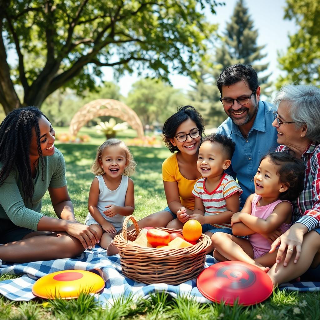 A diverse, happy family enjoying a picnic in a sunny park, smiling and engaging with one another