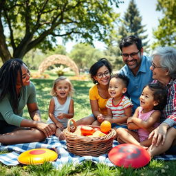 A diverse, happy family enjoying a picnic in a sunny park, smiling and engaging with one another