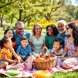 A diverse, happy family enjoying a picnic in a sunny park, smiling and engaging with one another