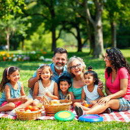 A diverse, happy family enjoying a picnic in a sunny park, smiling and engaging with one another