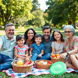 A diverse, happy family enjoying a picnic in a sunny park, smiling and engaging with one another