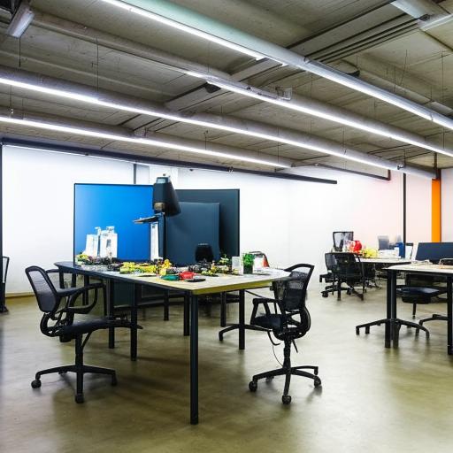 A lively makerspace in a rectangular hall, characterized by high productivity, featuring special comfortable seating zones, superbly cozy ambiance, and uniquely catchy furniture.