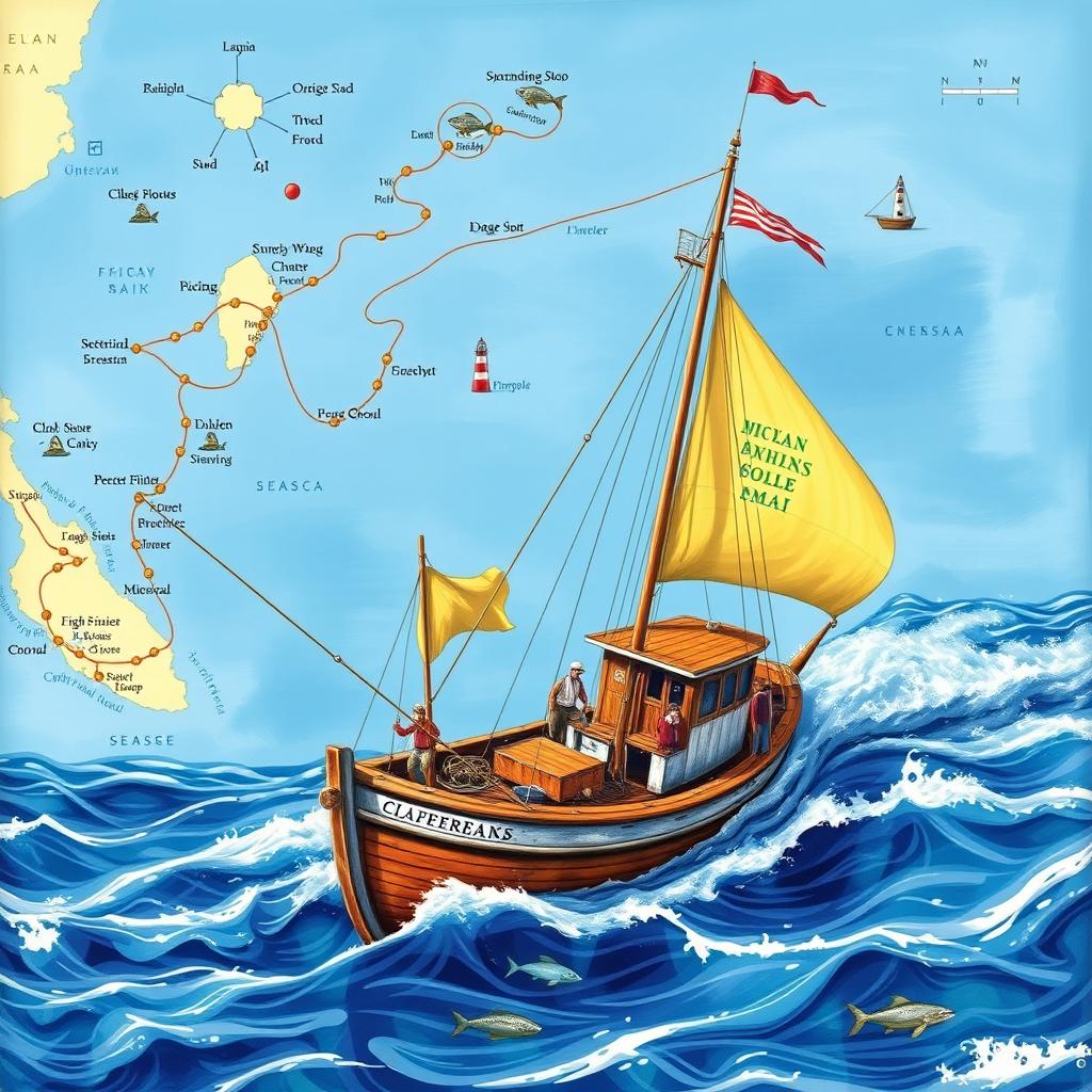 A vibrant nautical chart depicting the fishing routes of a traditional fishing boat, with the boat pictured navigating the open sea