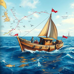 A vibrant nautical chart depicting the fishing routes of a traditional fishing boat, with the boat pictured navigating the open sea