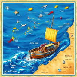 A vibrant nautical chart depicting the fishing routes of a traditional fishing boat, with the boat pictured navigating the open sea