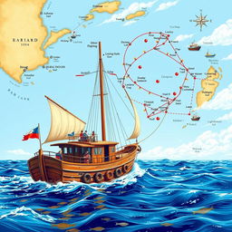 A vibrant nautical chart depicting the fishing routes of a traditional fishing boat, with the boat pictured navigating the open sea