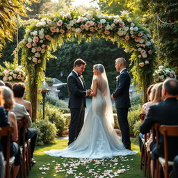 A beautiful wedding scene with a couple exchanging vows under a floral arch, surrounded by lush greenery and soft sunlight