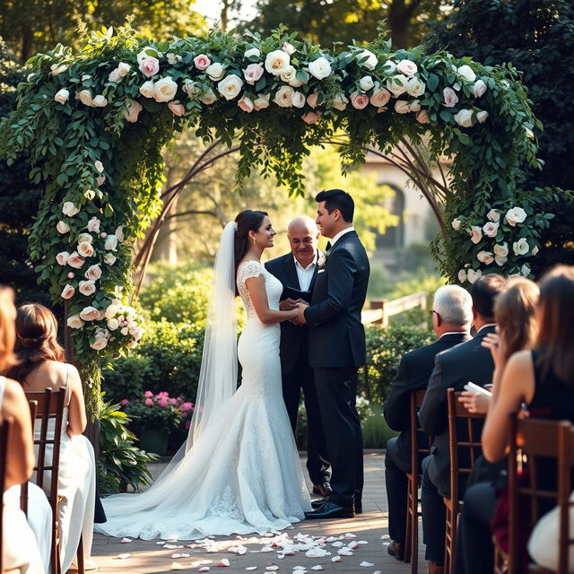 A beautiful wedding scene with a couple exchanging vows under a floral arch, surrounded by lush greenery and soft sunlight