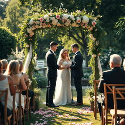 A beautiful wedding scene with a couple exchanging vows under a floral arch, surrounded by lush greenery and soft sunlight