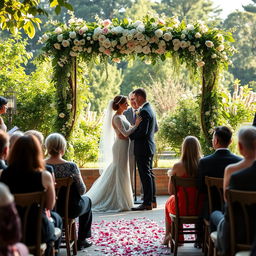 A beautiful wedding scene with a couple exchanging vows under a floral arch, surrounded by lush greenery and soft sunlight