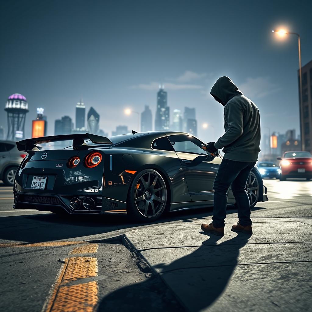 A scene from a GTA roleplay game where a character is having their Nissan GT-R R35 stolen