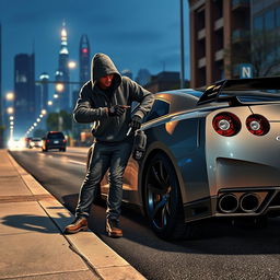 A scene from a GTA roleplay game where a character is having their Nissan GT-R R35 stolen