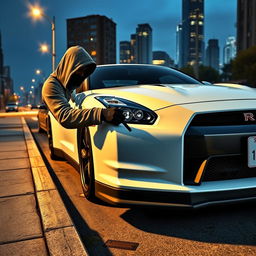 A scene from a GTA roleplay game where a character is having their Nissan GT-R R35 stolen