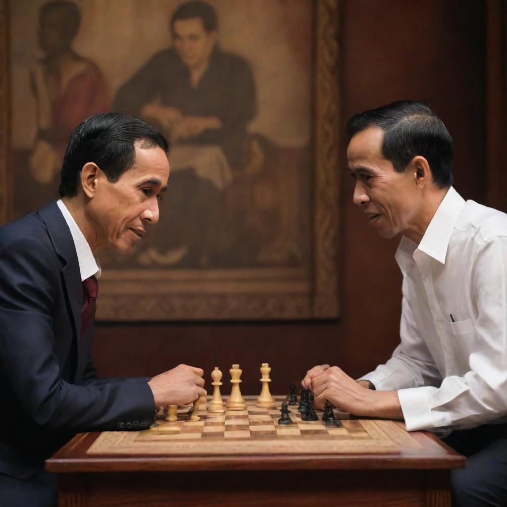 A detailed, realistic depiction of Joko Widodo (Jokowi), President of Indonesia, engaged in a intense game of chess with Indonesian intellectual, Rocky Gerung, in a warmly lit room with a traditional Indonesian background.