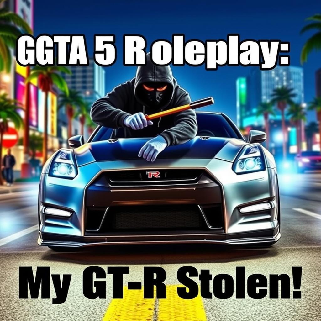 A YouTube thumbnail for a video about a GTA 5 roleplay heist, depicting a dramatic scene where a Nissan GT-R R35 is being stolen