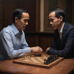 A detailed, realistic depiction of Joko Widodo (Jokowi), President of Indonesia, engaged in a intense game of chess with Indonesian intellectual, Rocky Gerung, in a warmly lit room with a traditional Indonesian background.