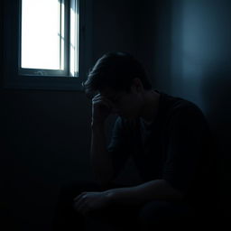 A melancholic young man sitting alone in a dimly lit room, his head resting on his hand, looking introspective and lost in thought