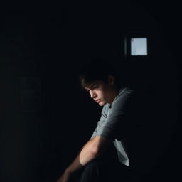 A melancholic young man sitting alone in a dimly lit room, his head resting on his hand, looking introspective and lost in thought