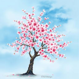 A beautiful cherry blossom tree in full bloom, depicted in a delicate watercolor painting