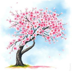 A beautiful cherry blossom tree in full bloom, depicted in a delicate watercolor painting