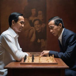 A detailed, realistic depiction of Joko Widodo (Jokowi), President of Indonesia, engaged in a intense game of chess with Indonesian intellectual, Rocky Gerung, in a warmly lit room with a traditional Indonesian background.