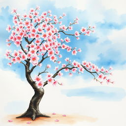 A beautiful cherry blossom tree in full bloom, depicted in a delicate watercolor painting