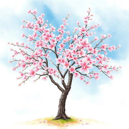 A beautiful cherry blossom tree in full bloom, depicted in a delicate watercolor painting